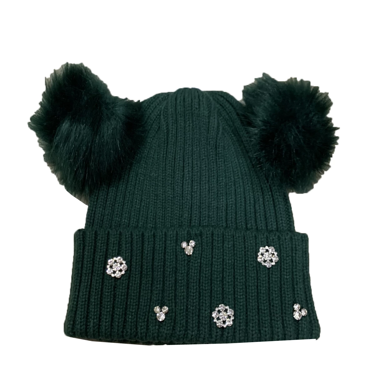 Disney Knit Hat - Minnie Pom Poms - Mickey & Snowflakes - Green 3 Disney Knit Hat - Minnie Pom Poms - Mickey & Snowflakes - Green